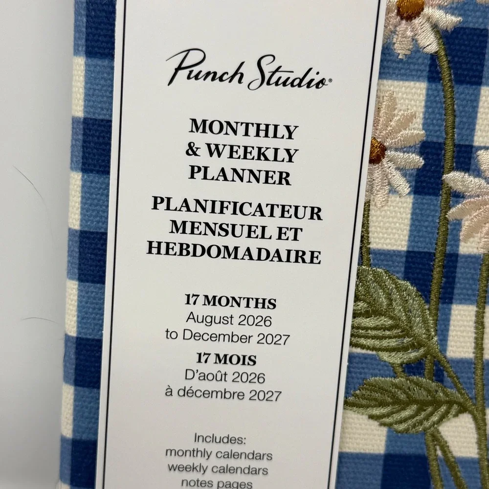 Punch Studio 2027 17-Month Planner Blue Gingham Embroidered Daisy Floral Journal